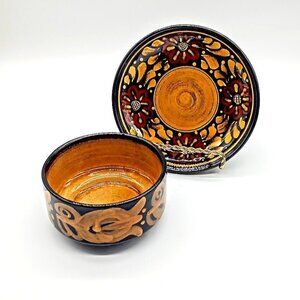 Handmade Floral Ceramic Bowl & Plate Set